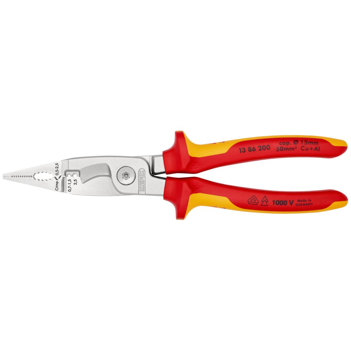 KNIPEX 13 86 200 SB Kliješta za električne instalacije izolirane sa višenamjenskim steznim čeljustima, VDE testirane kromirana 200 mm