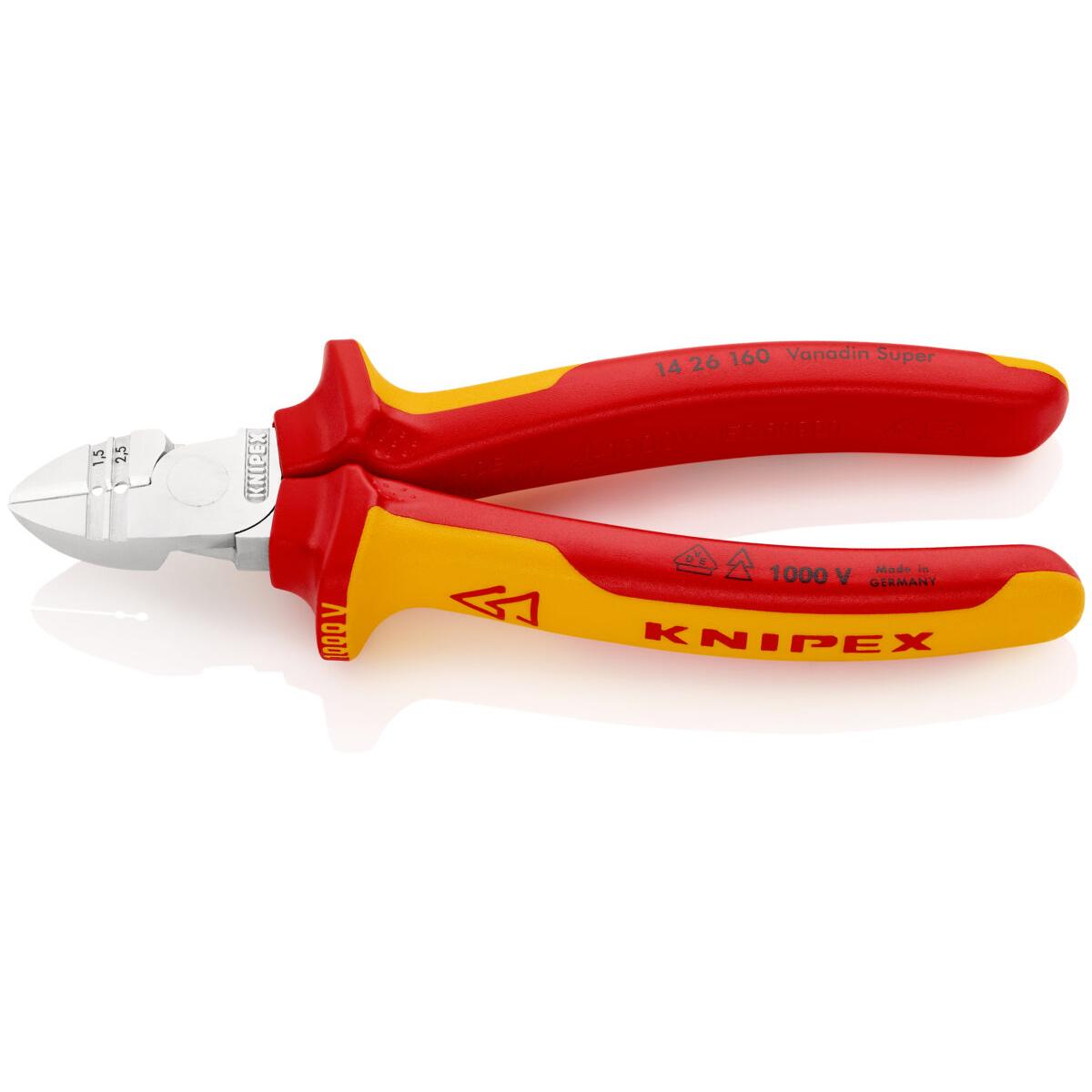 KNIPEX 14 26 160 SB Kliješta za skidanje izolacije - bočno sječenje izolirane sa višenamjenskim steznim čeljustima, VDE testirane kromirana 160 mm