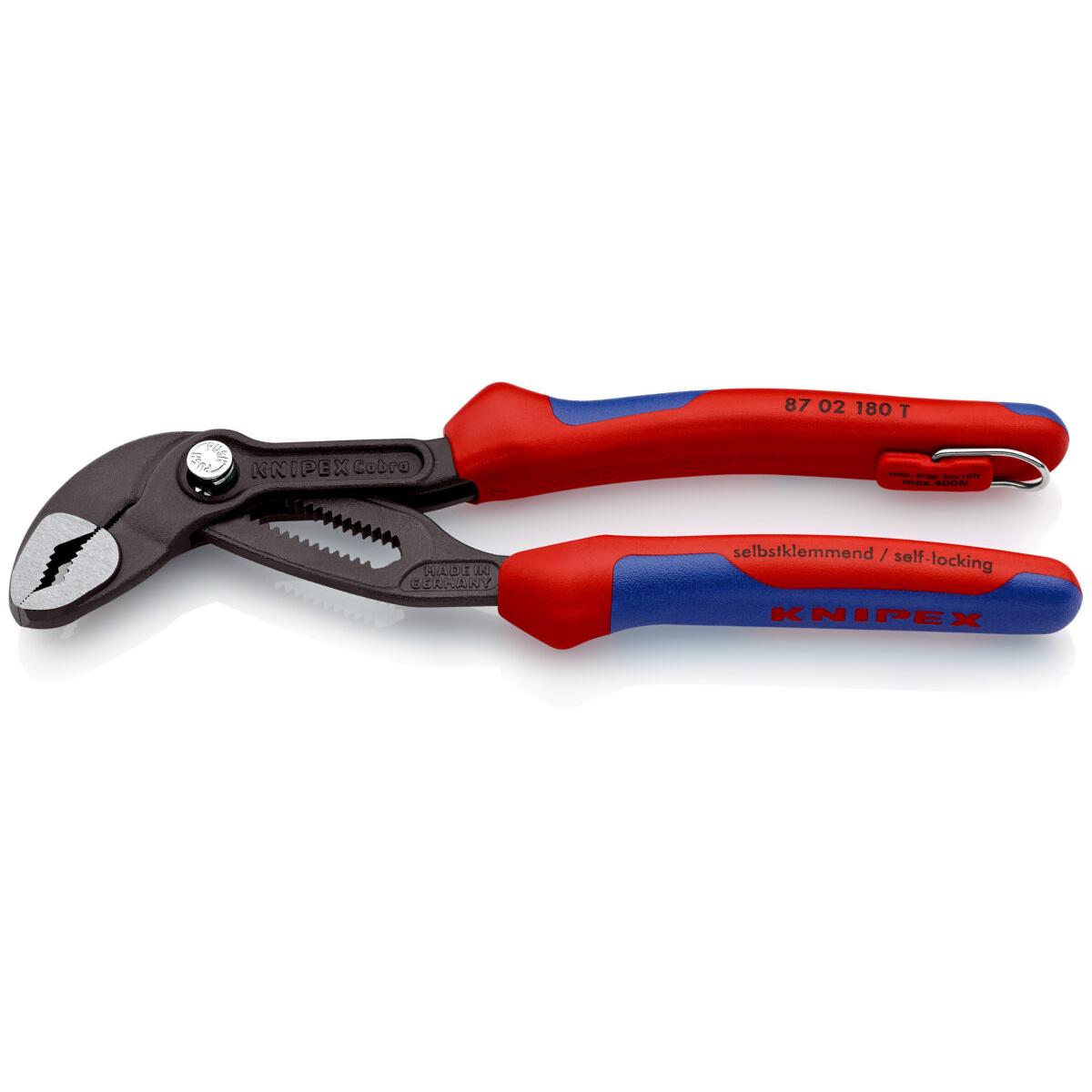 KNIPEX 87 02 180 T Cobra® Kliješta papige visoke tehnologije višenamjenske stezne čeljusti, s integriranom učvrsnom omčom za postavljanje osiguranja od pada siva atramentirana 180 mm